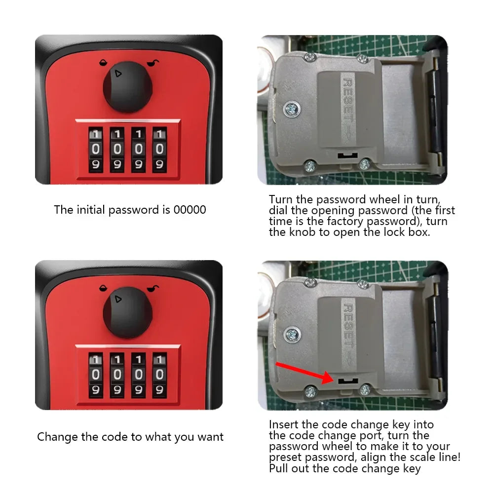 Red and black metal key lock box with a 4-digit combination dial, showing how to set and change the password.