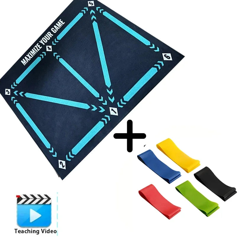 Black exercise agility mat with blue direction arrows and numbers, plus a set of five colourful resistance bands.