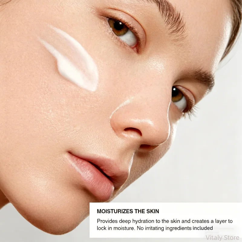 A close-up of a person's face with a smooth, white moisturizing cream applied to their cheek.