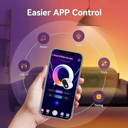 Hand holding a smartphone showing an app interface to control a circular, multi-coloured LED smart wake-up light.
