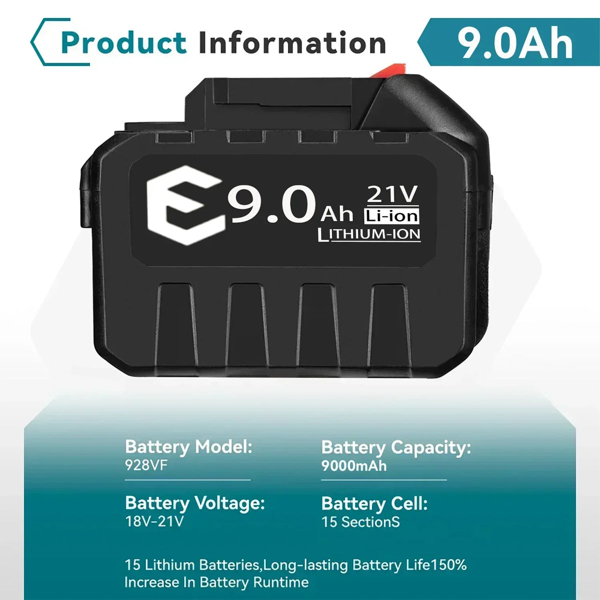 Black 21V 9.0Ah Li-ion battery pack with text label and red release latch.