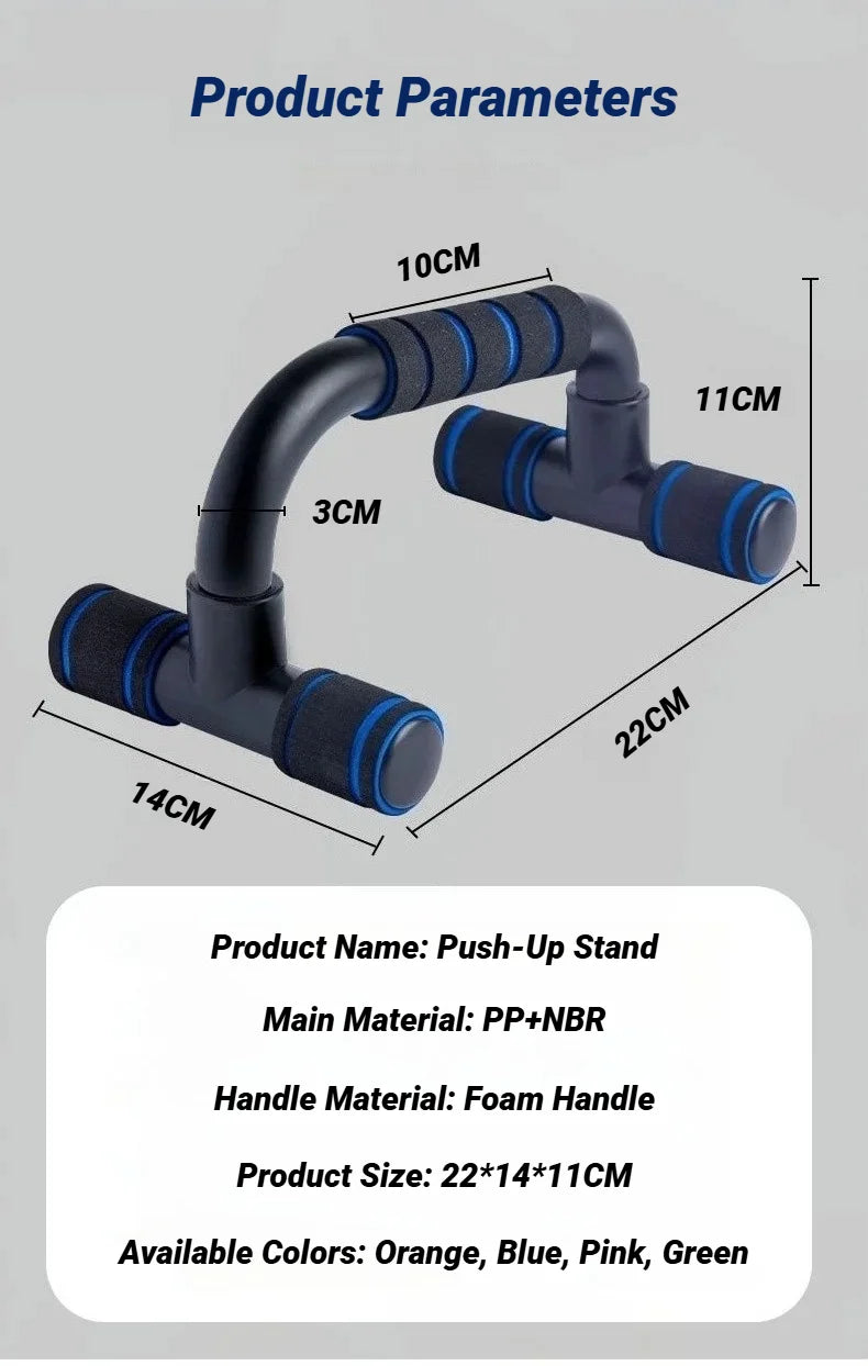Black and blue push-up stand with foam grips, shown with dimensions labelled on a light grey background.