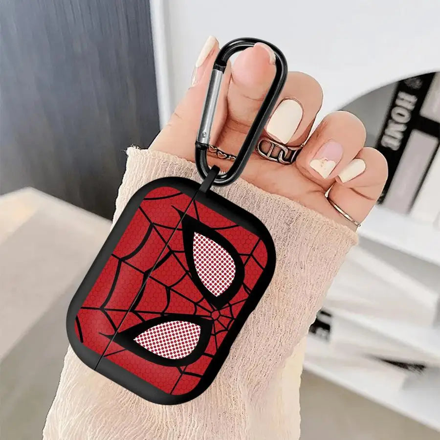 Spider-Man print red and black protective AirPods case with black carabiner clip.