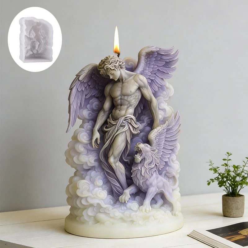 Light purple angel and winged lion candle with intricate sculpting, lit with a flame, beside a silicone mould.