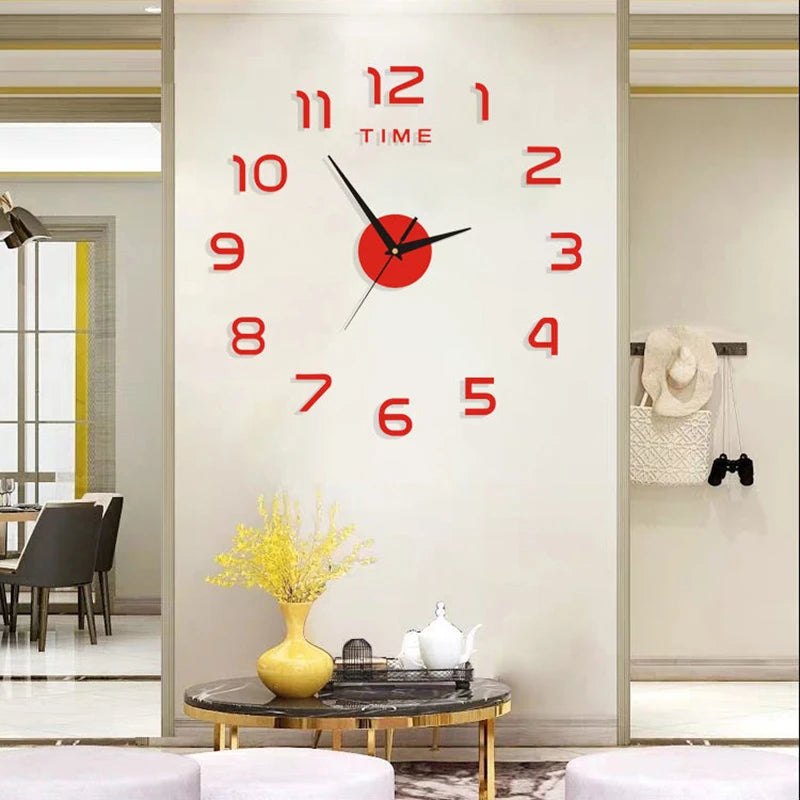 Large red acrylic wall-mounted clock with modern floating numbers and black hands, styled for a contemporary living room.