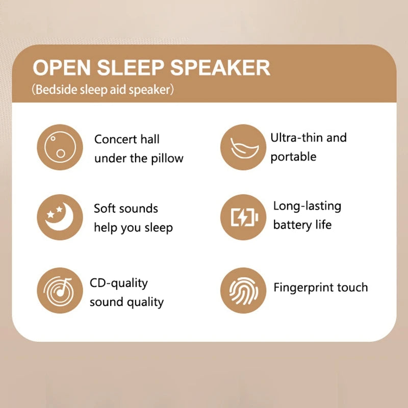 Infographic for a portable, ultra-thin beige sleep aid speaker with touch controls and long battery life.