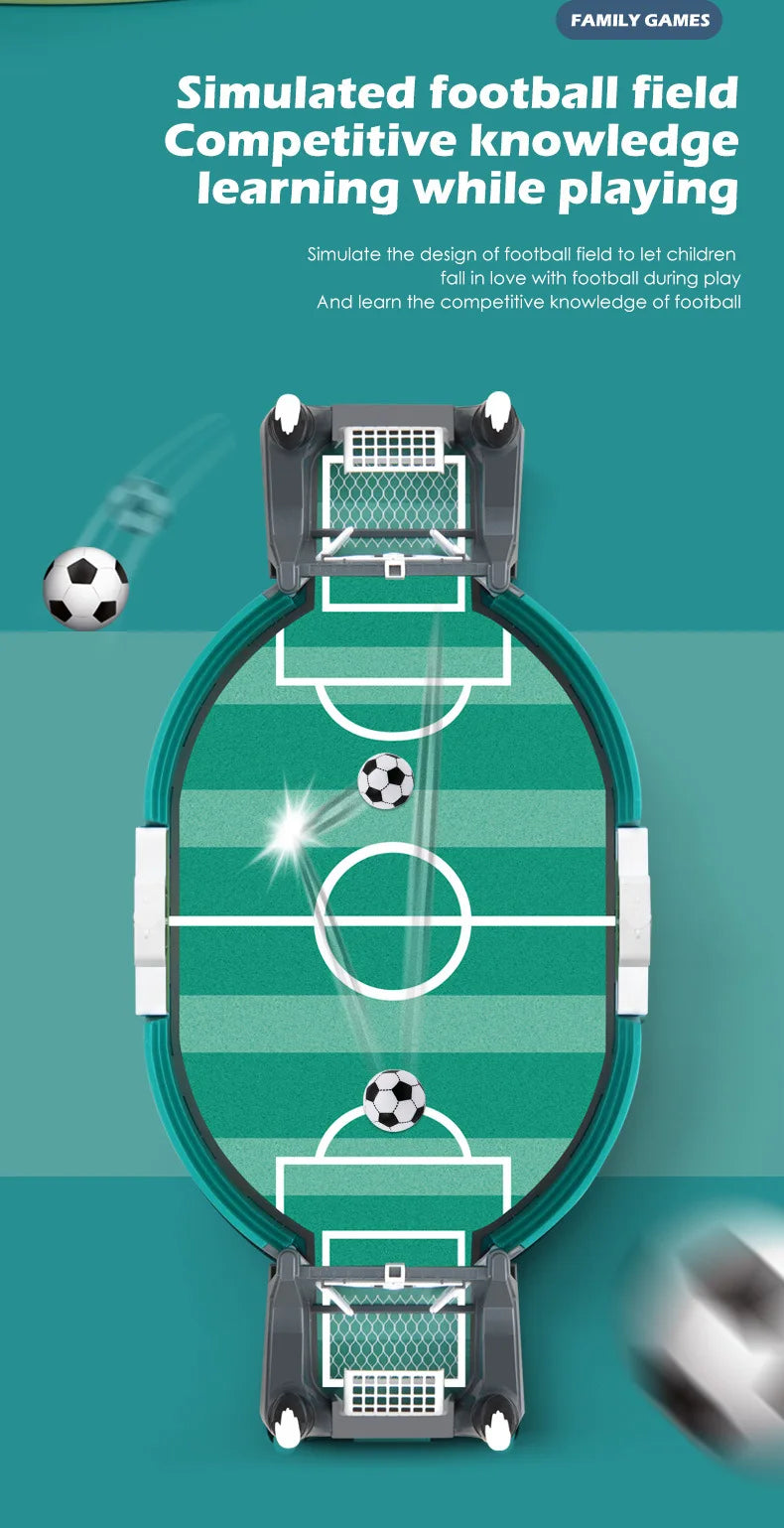 Tabletop football game for kids featuring an oval green field with goals, white pitch markings, and soccer balls.