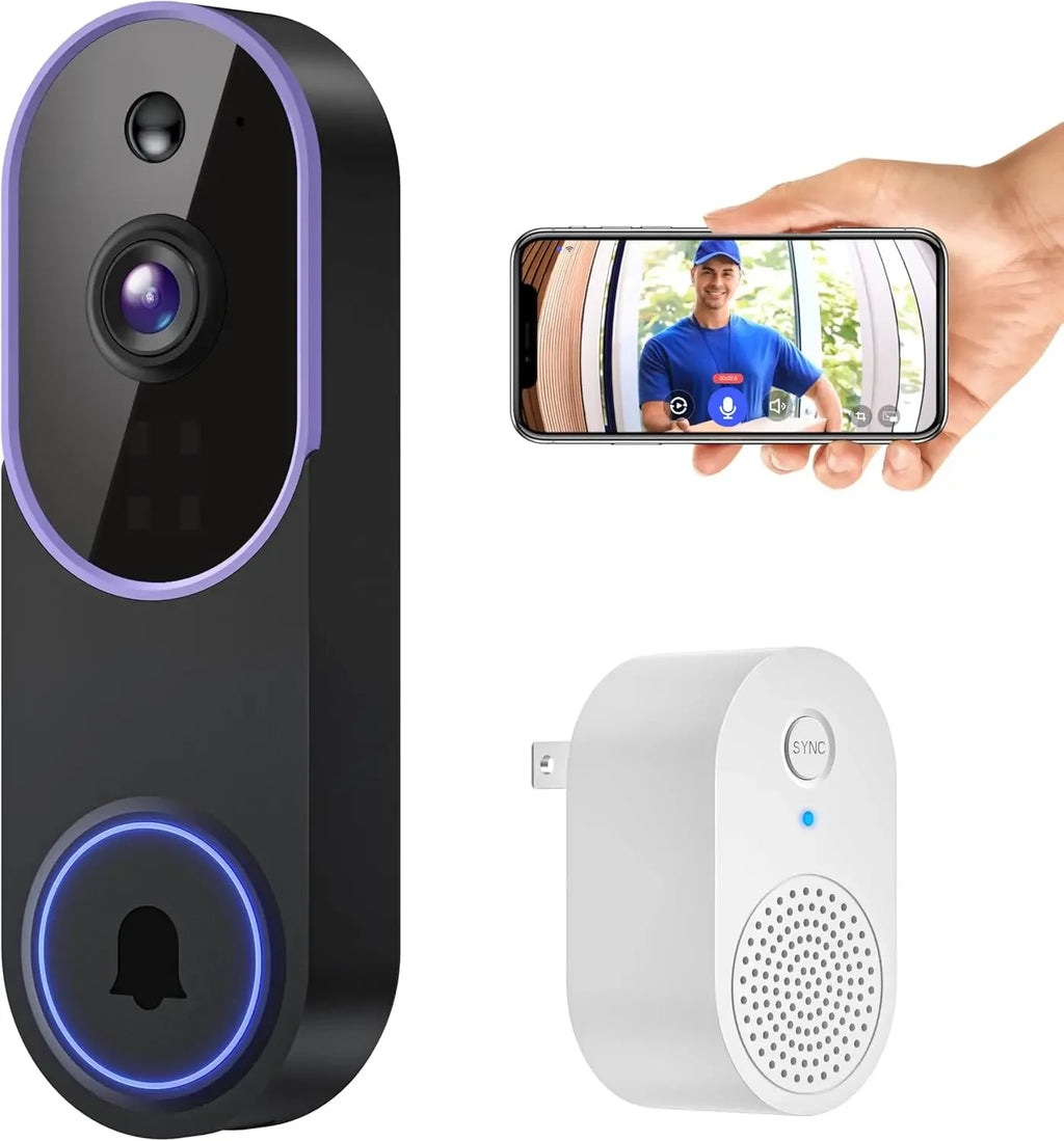 Black wireless smart video doorbell with purple trim, sync chime, and phone app display showing a visitor.