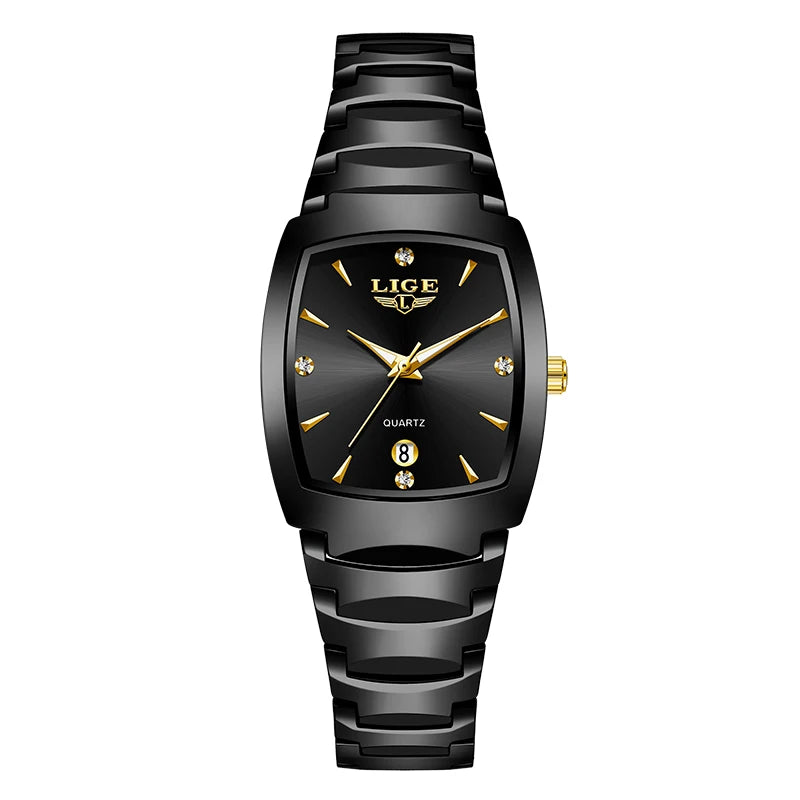 Elegant ladies' black stainless steel quartz watch with a black face, gold hands, stone markers and a date window.