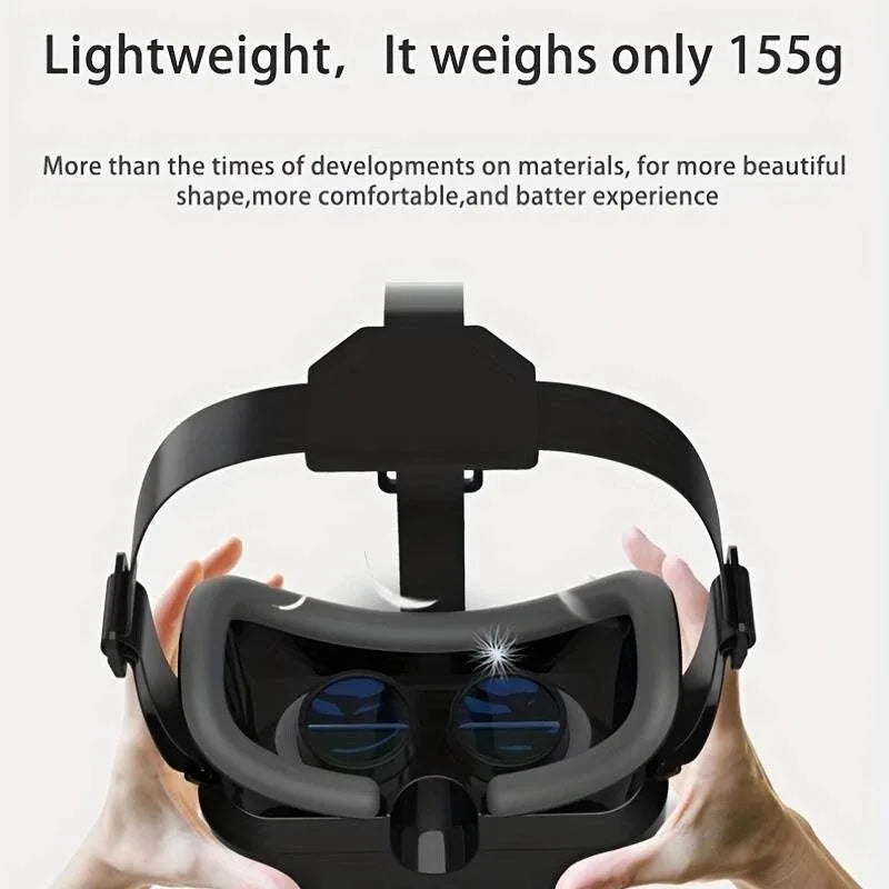 Lightweight, black smartphone VR headset featuring comfortable grey face cushioning and clear dual lenses.