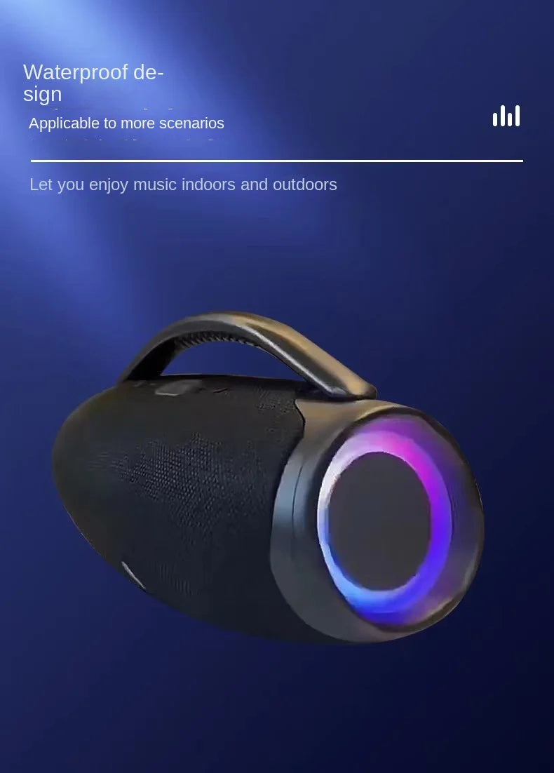 Black, portable 100W waterproof Bluetooth speaker with a built-in handle and vibrant RGB ring lighting.