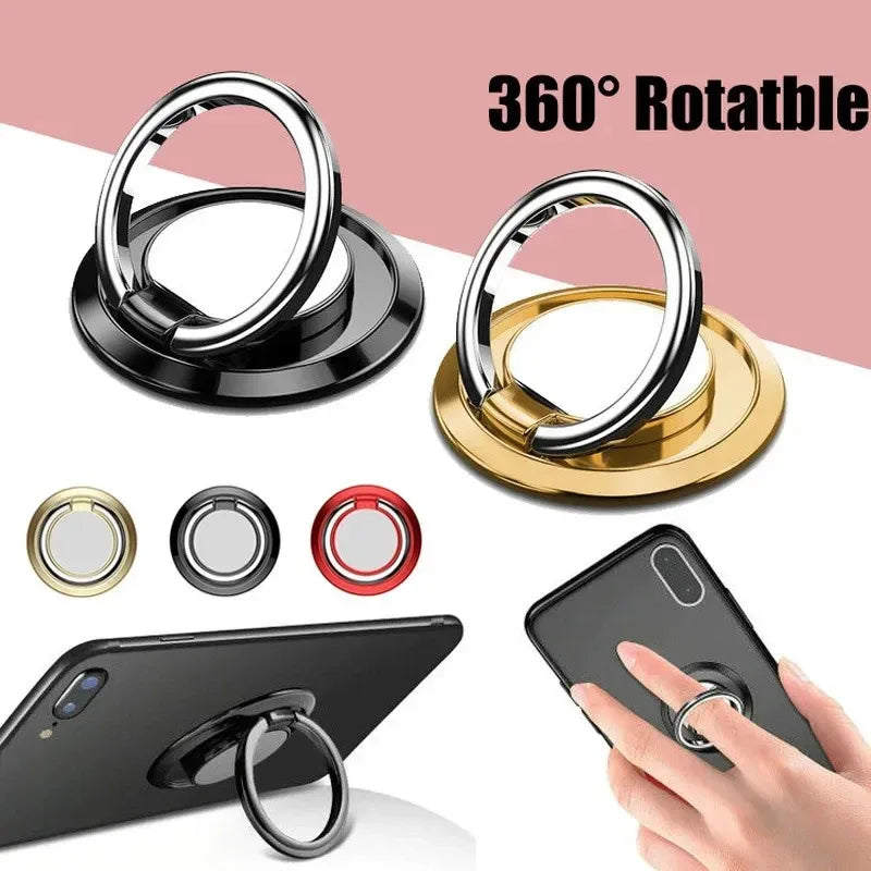 Metal phone ring holders in black, gold, and red, featuring 360-degree rotation and a stand function.