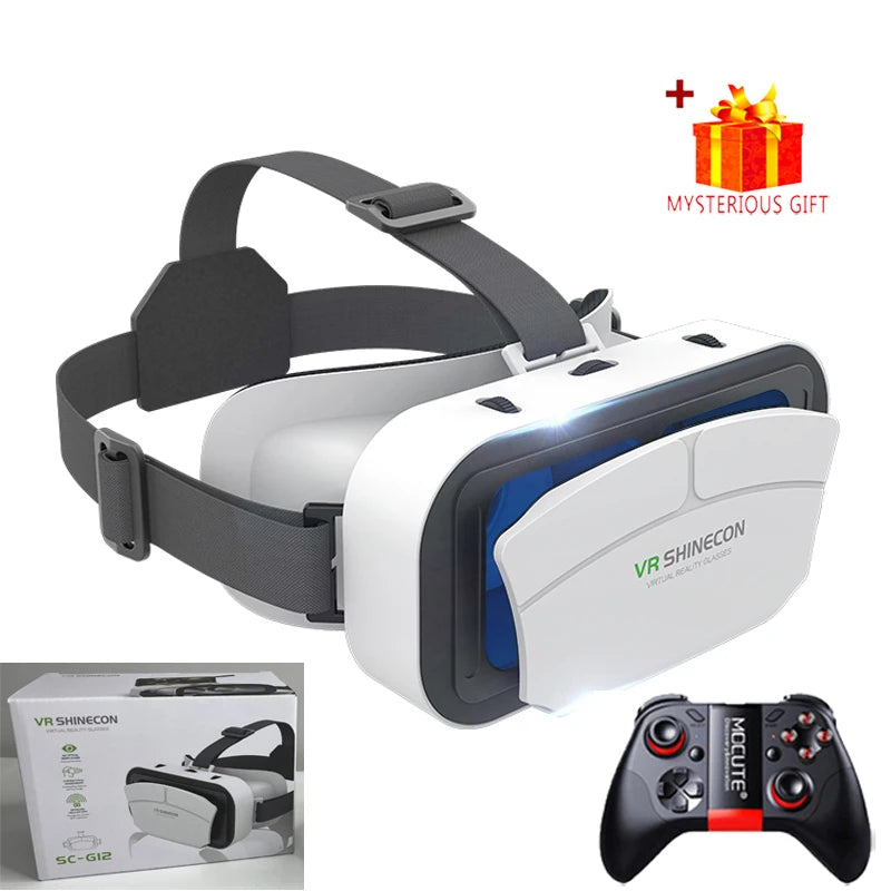 White and grey smartphone VR headset with adjustable head straps, handheld controller, and gift box packaging.