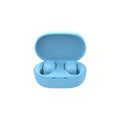 Light blue wireless earbuds in a matching oval charging case. Minimalist, compact design on a white background.