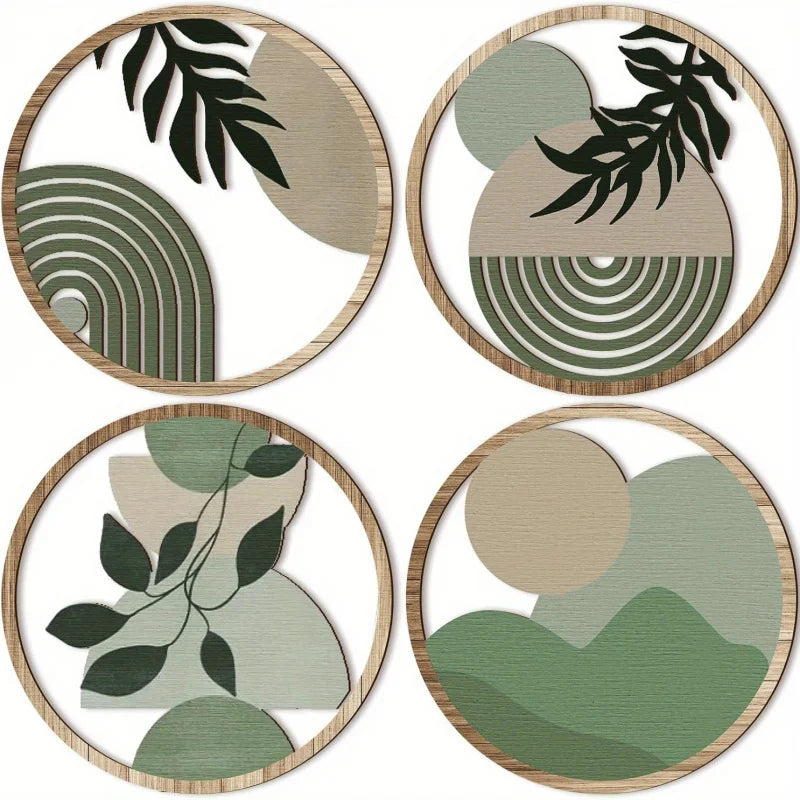 Set of four circular wooden wall art pieces in boho style with sage green, beige, and leaf-inspired geometric designs.