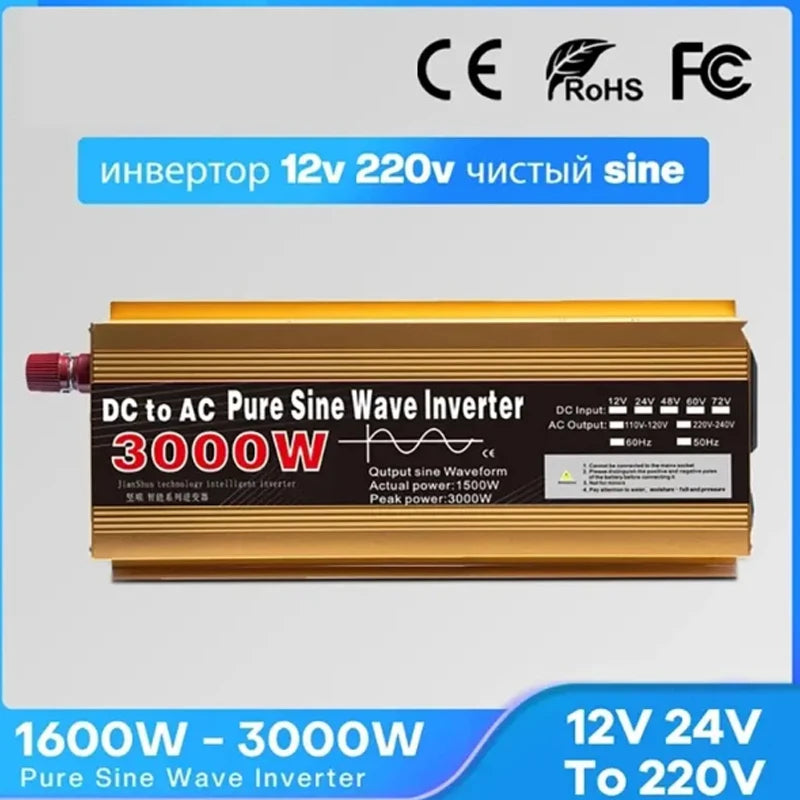 A sleek, gold-coloured 3000W DC to AC pure sine wave power inverter with a metallic finish and technical specifications.