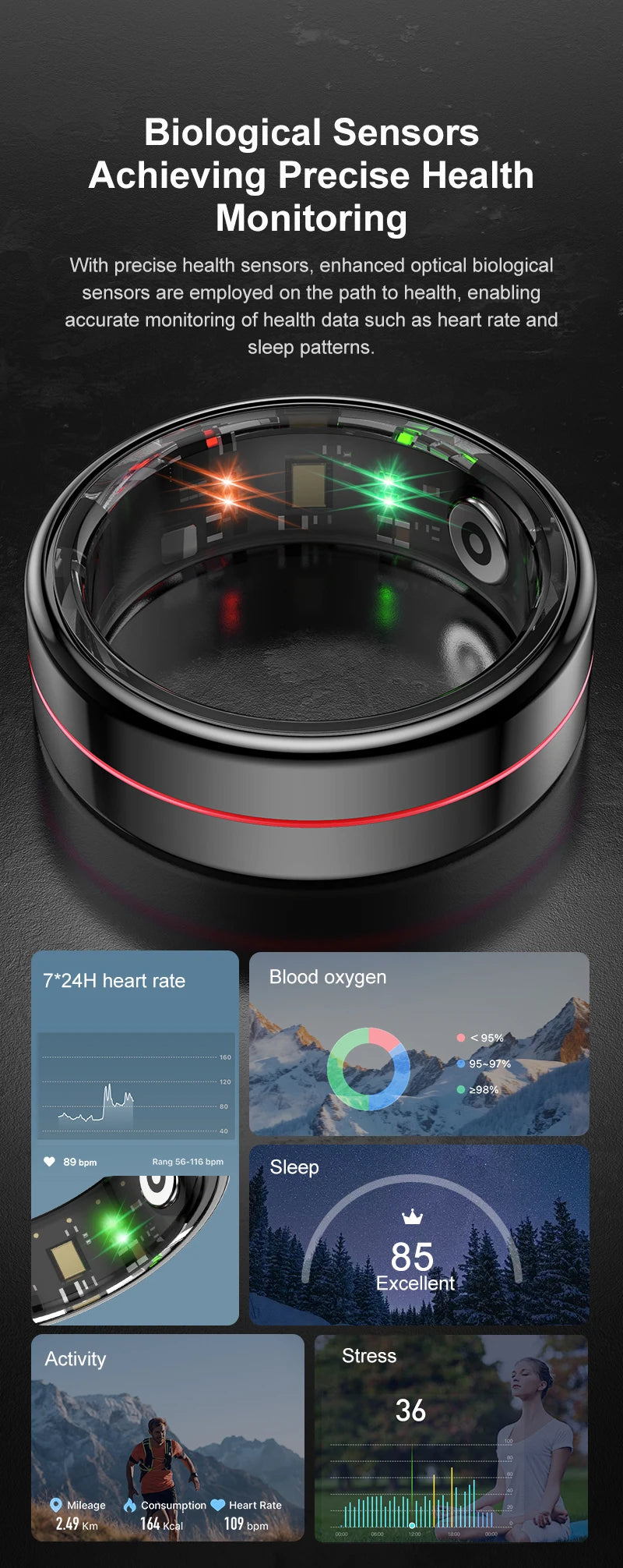 Black sleek fitness tracking ring showing internal biological sensors with red and green lights and health data charts.