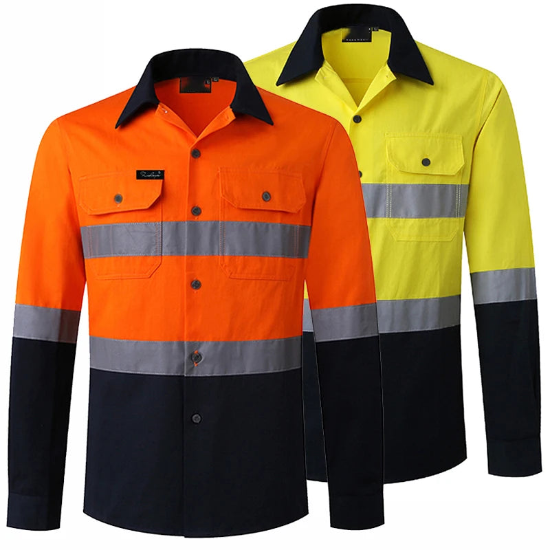 Two men's high-visibility long-sleeve work shirts, one orange and one yellow, with reflective tape and black detailing.