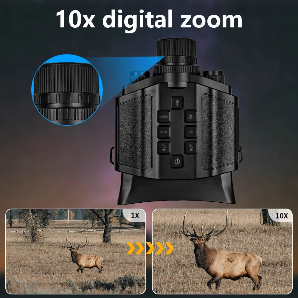 Black plastic digital night vision binoculars featuring a control panel, focus ring, and 10x digital zoom capability.