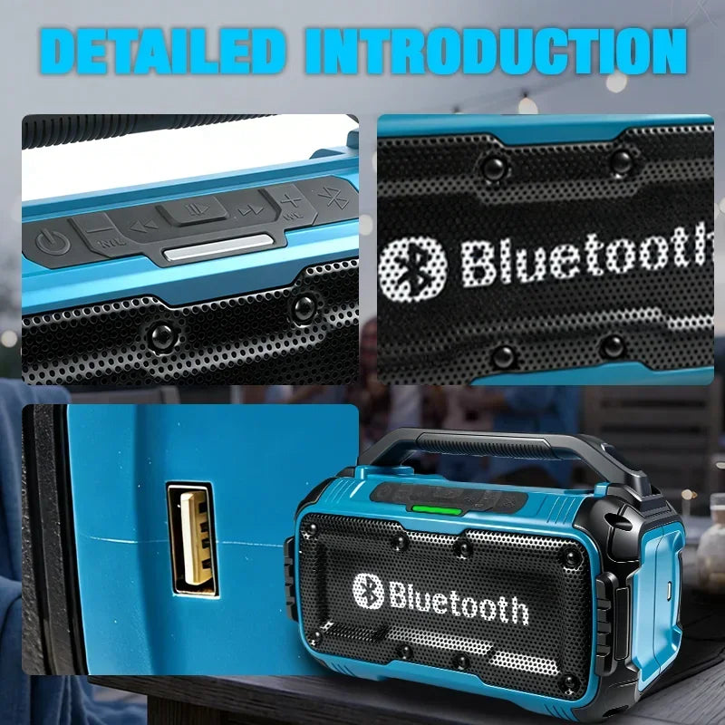 Blue, rugged portable Bluetooth speaker with carry handle, control buttons and USB port.