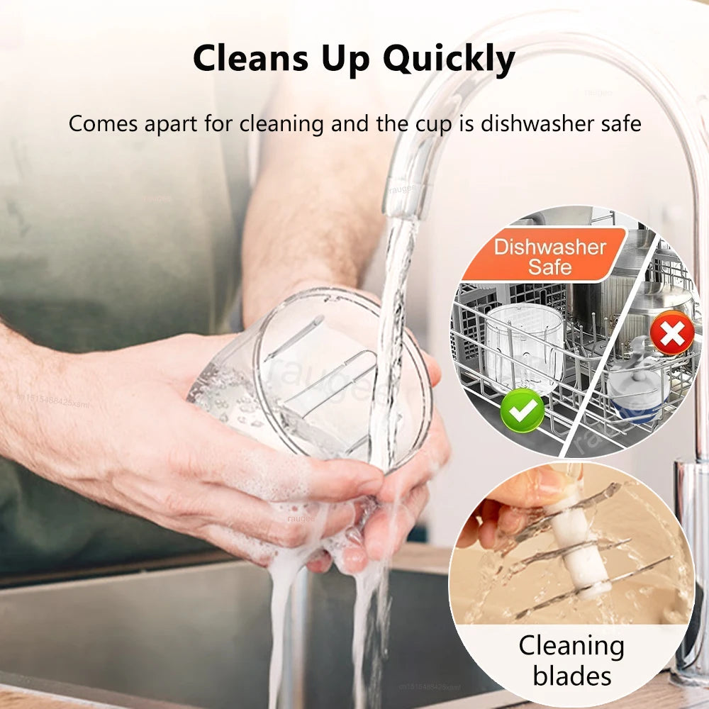 Hands rinsing a clear food processor cup and stainless steel blades under a kitchen faucet. Dishwasher-safe design.