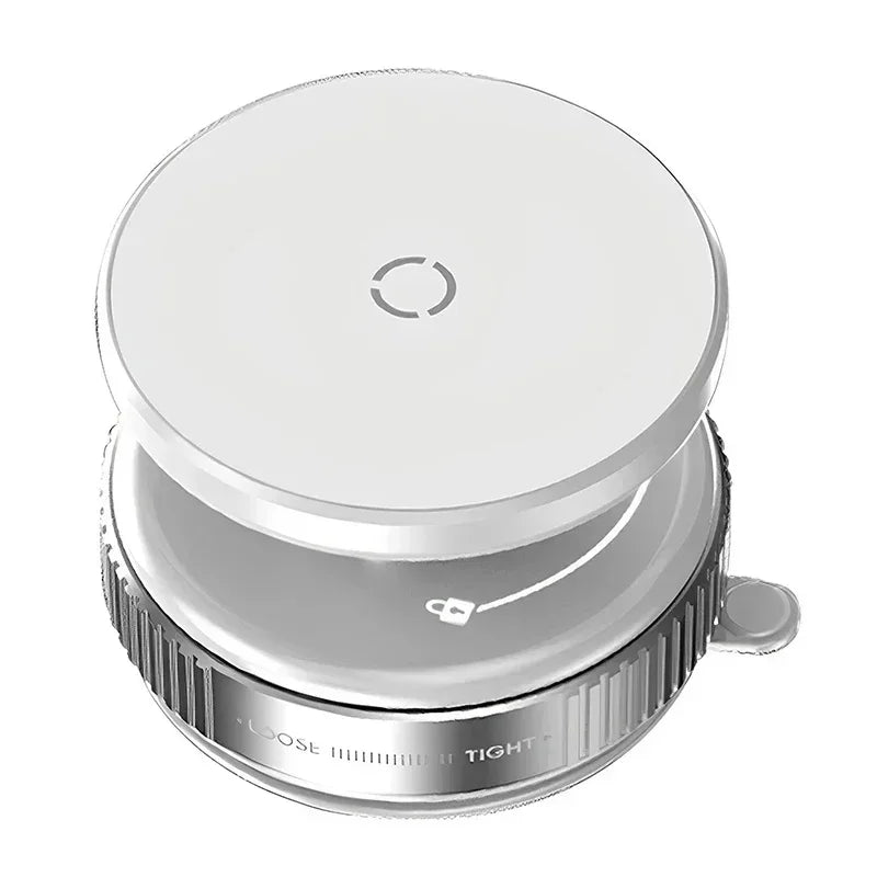 White, circular adjustable suction cup mount with a silver, grooved locking ring and "Loose/Tight" markings.