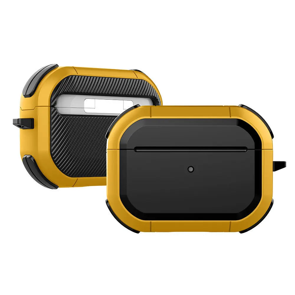 Rugged yellow and black protective case for AirPods Pro, featuring a textured design.