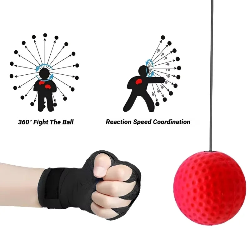 Boxing reflex ball training set with a red textured ball, black elasticated hand wrap, and diagrams of exercises.