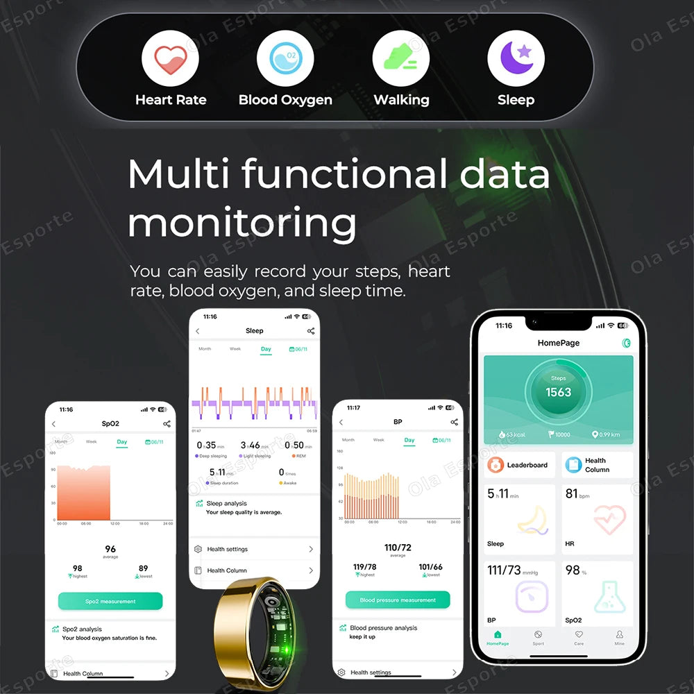 A sleek, gold smart health ring paired with a smartphone app displaying heart rate, sleep, blood oxygen, and step data.