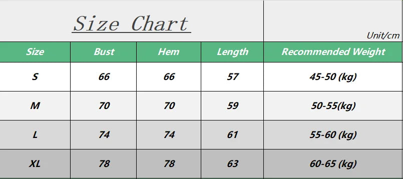 Size chart for clothing, displaying measurements in cm for bust, hem, length, and recommended weight for sizes S to XL.