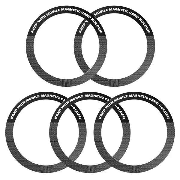 Five black, circular magnetic mobile card holders with textured patterns and white text on a white background.