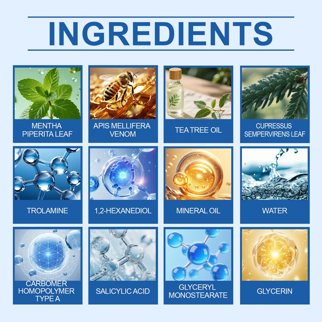 An infographic listing product ingredients, featuring images of botanical extracts, bee venom, and chemical structures.