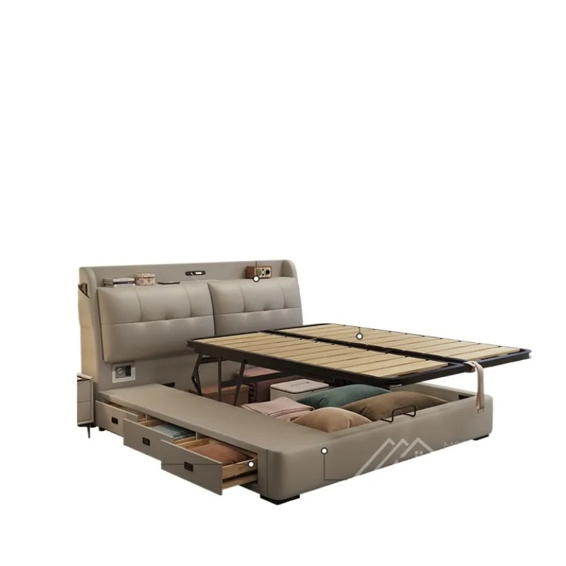 Modern cream upholstered ottoman storage bed with a tufted headboard, integrated shelving, and pull-out side drawers.