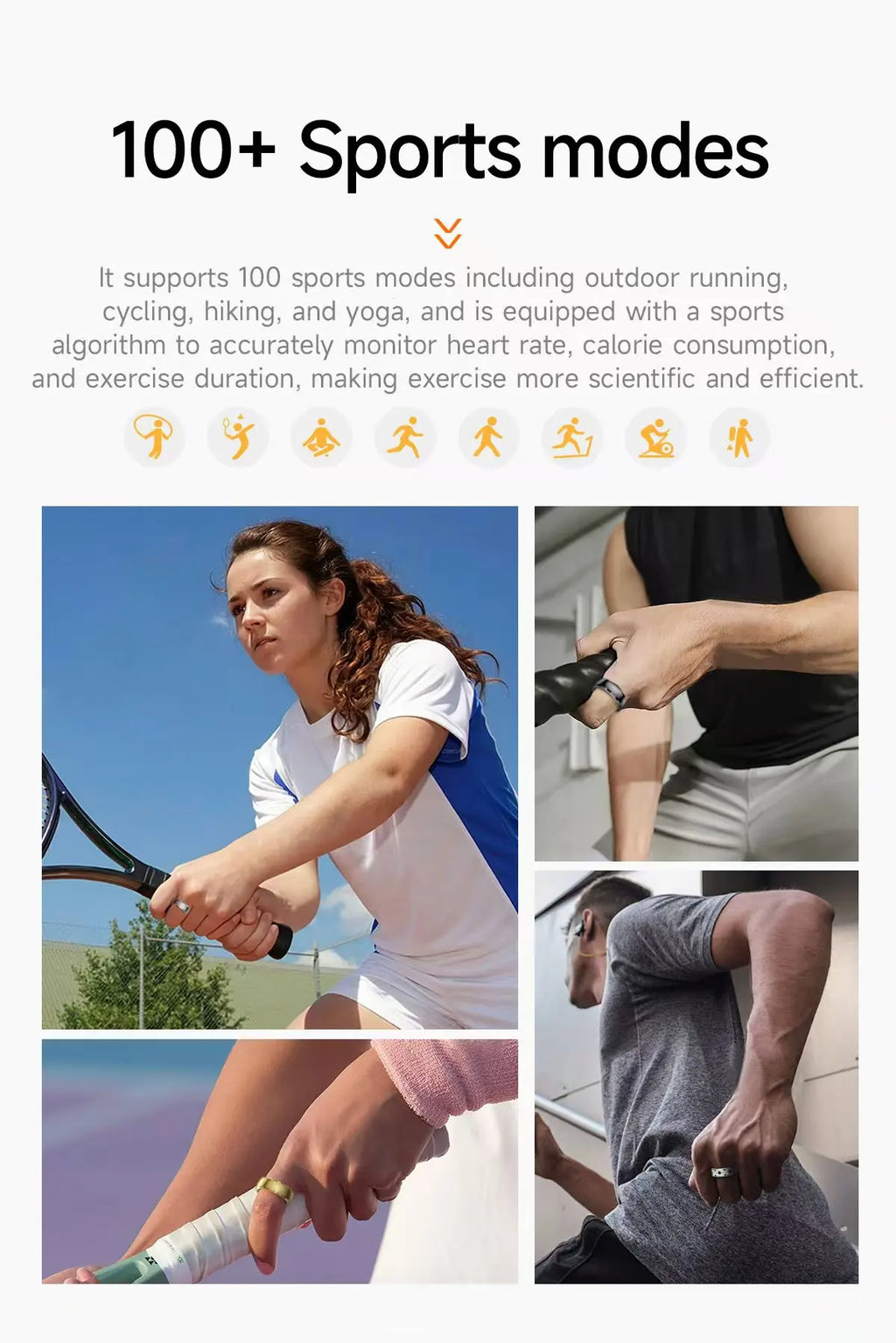 A sleek smart fitness ring shown in gold, silver, and black, tracking workouts like running, tennis, and gym sessions.