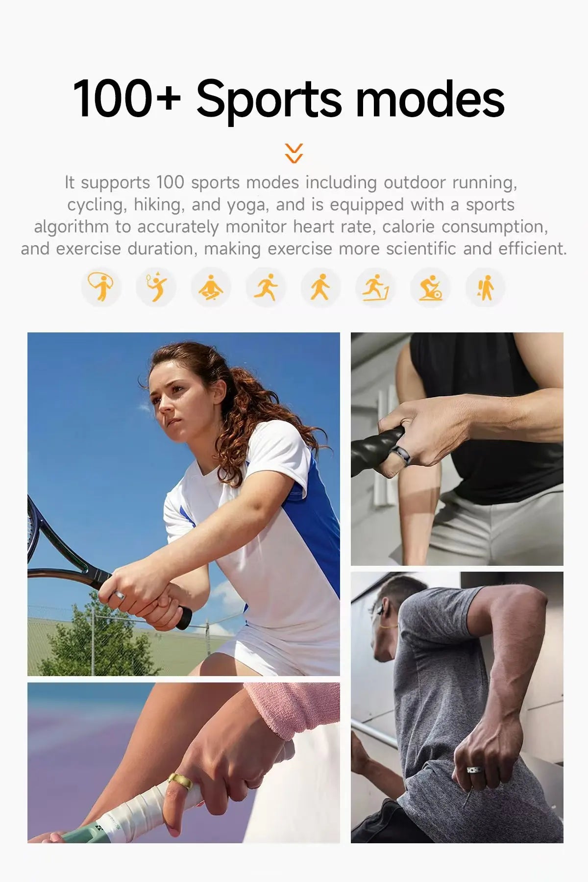 A sleek smart fitness ring shown in gold, silver, and black, tracking workouts like running, tennis, and gym sessions.