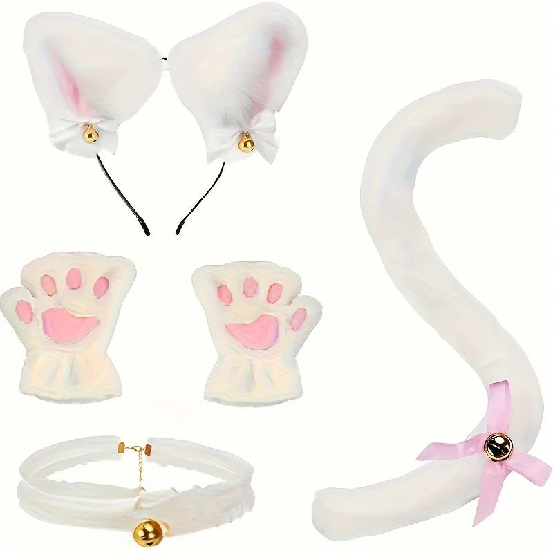 White fluffy cat costume set featuring headband with bells, paw gloves with pink pads, choker, and long tail.