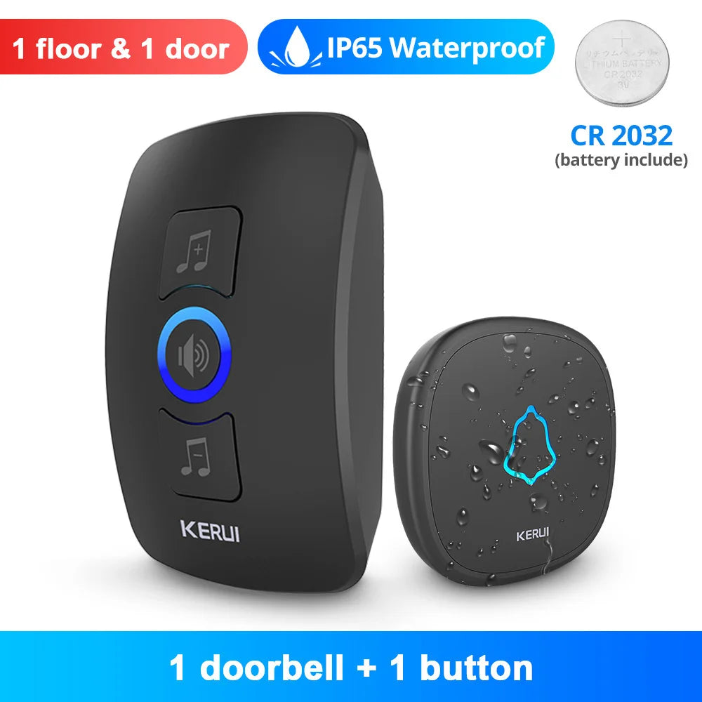 Black plastic IP65 waterproof wireless doorbell with one receiver unit, one push button, and a CR2032 battery.