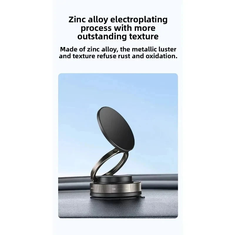 Dark grey, circular zinc alloy phone ring holder with a rotatable stand, featured on a car dashboard.