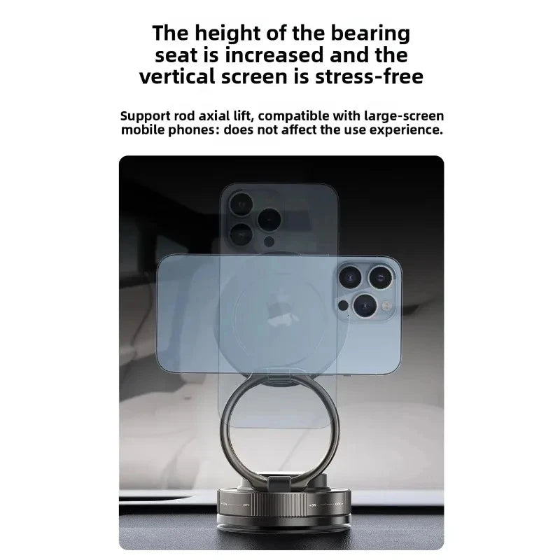 Black adjustable magnetic phone ring holder on a car dashboard, supporting a smartphone in portrait and landscape view.