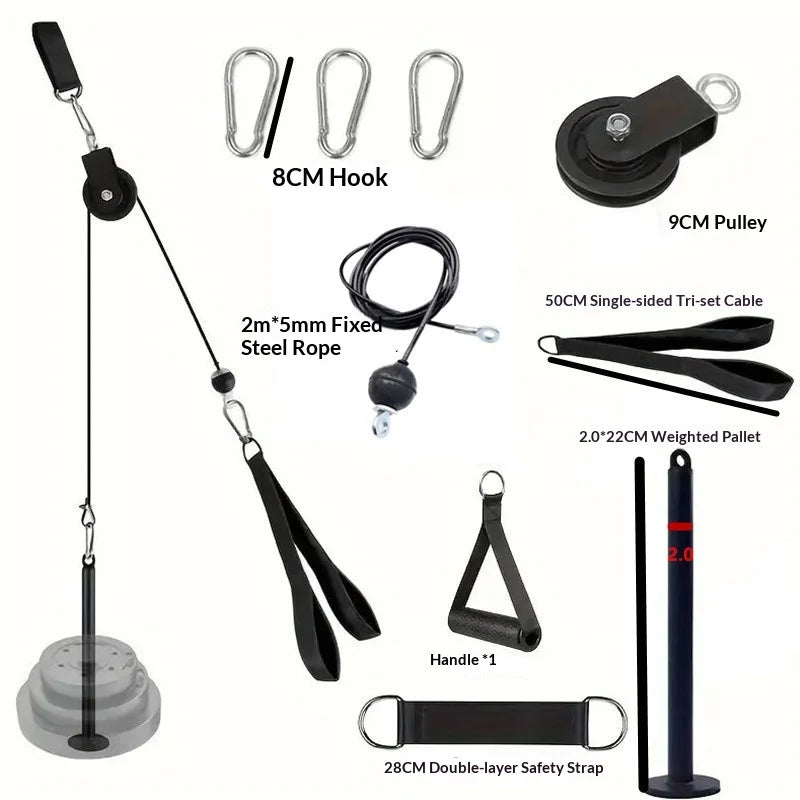 Fitness pulley cable system components, including hooks, rope, pulley, handle, and loading pin, labeled with dimensions.