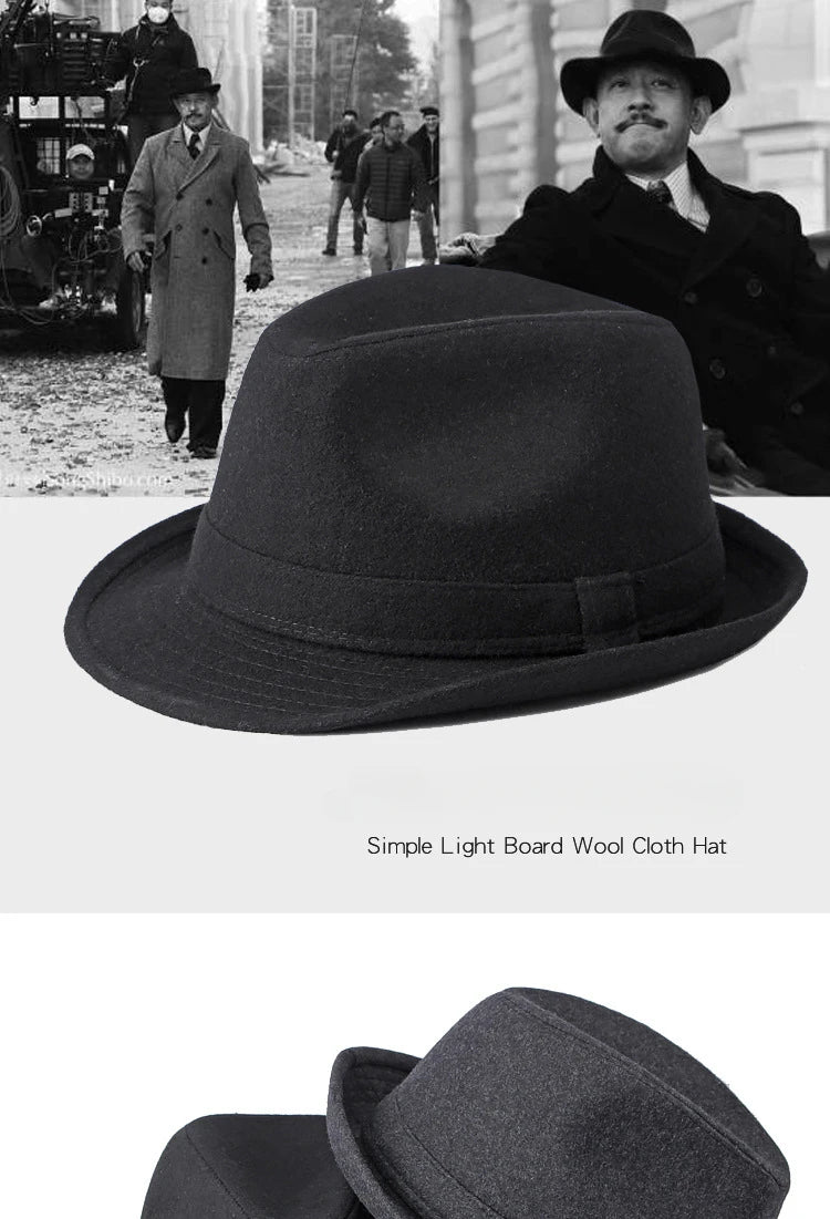 Black felt fedora jazz hat with a classic structured crown, short brim and matching fabric band.