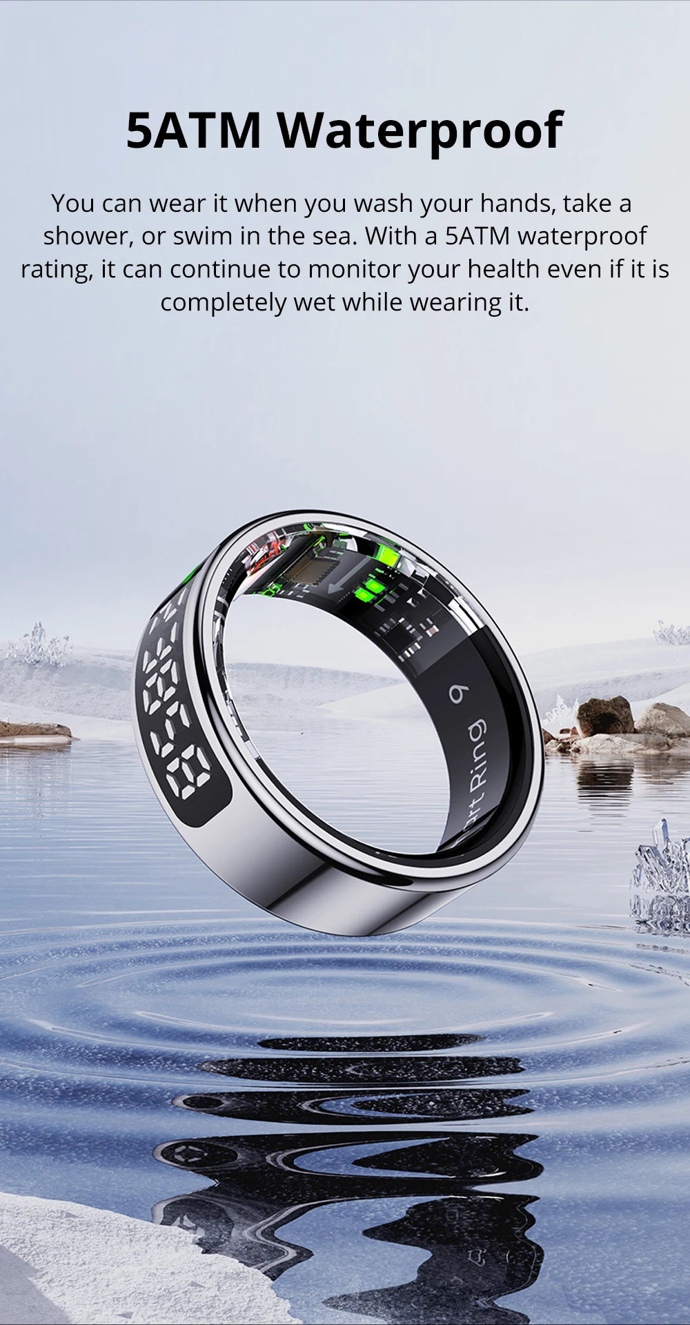 A sleek silver smart ring with an integrated digital display, floating above water to showcase its 5ATM waterproof design.