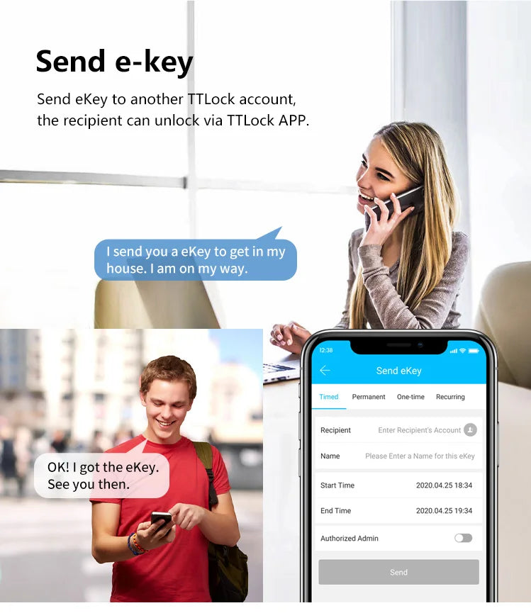 Smartphone screen displaying the TTLock app interface for sending digital keys with options for timed access.