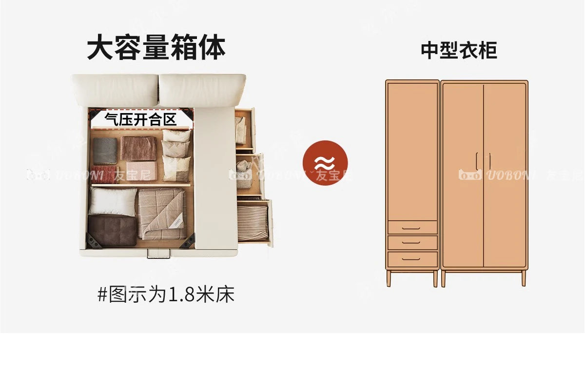 Modern cream leather bed frame with gas-lift storage and side drawers, offering storage space equal to a wardrobe.