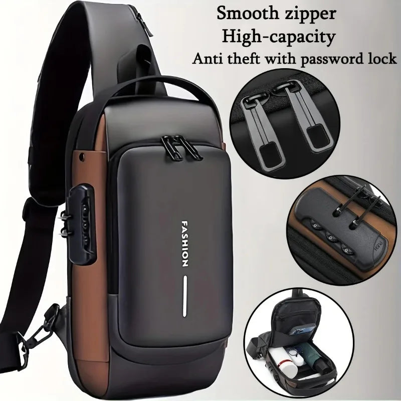 Black and bronze anti-theft sling bag featuring a password lock, smooth zips, USB port and organised interior storage.
