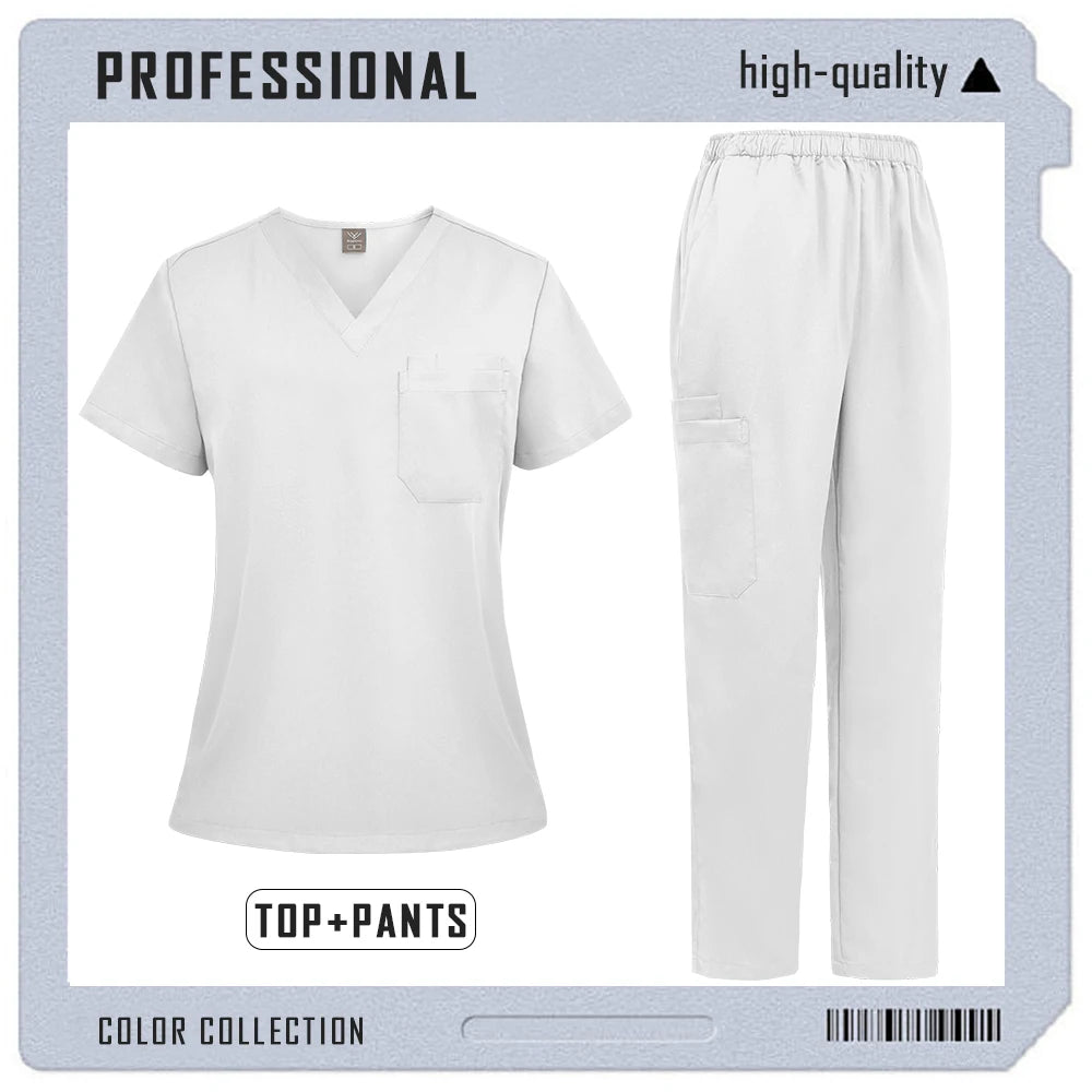 Unisex white medical scrub set featuring a V-neck top with a chest pocket and elasticated waist trousers with pockets.
