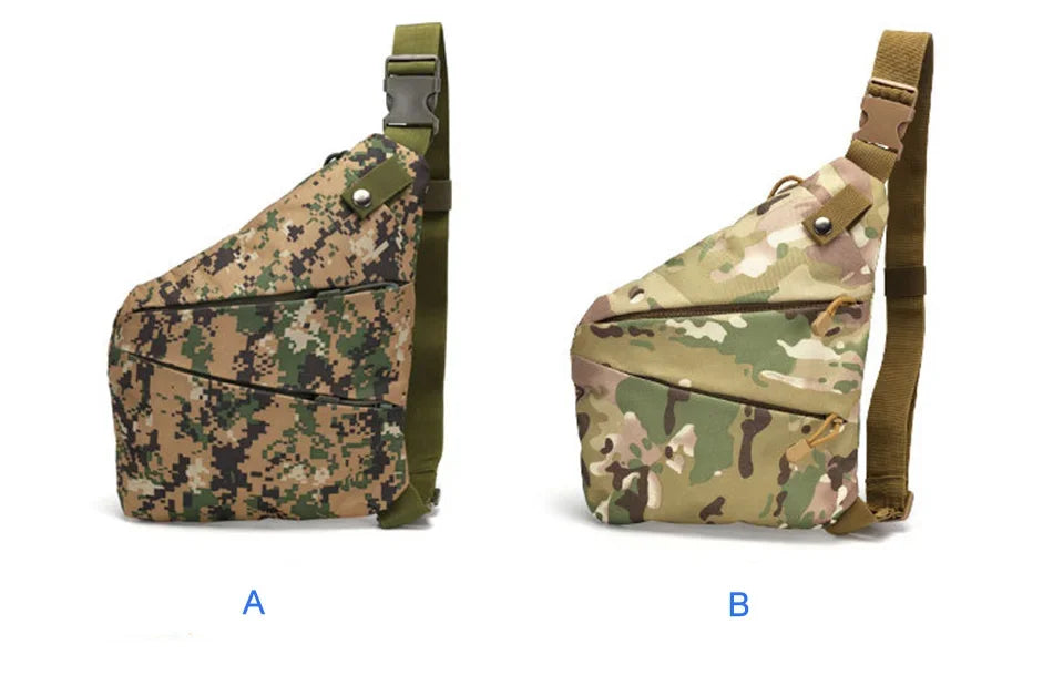 Two compact camouflage crossbody sling bags with adjustable straps and secure zip pockets.