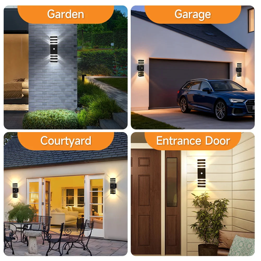 Modern black rectangular outdoor LED wall light with motion sensor, casting warm light up and down on house exteriors.