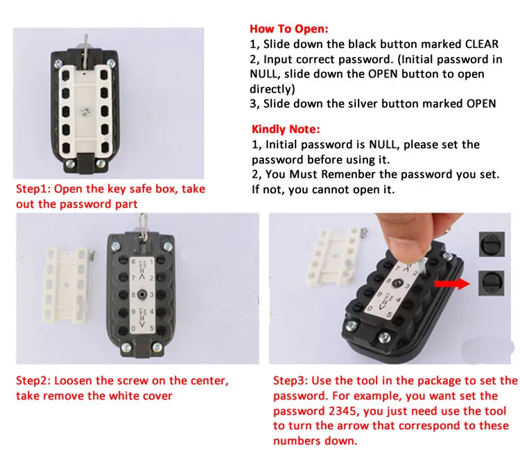 Black plastic push-button key safe box with white internal cover and illustrated instructions for setting the code.