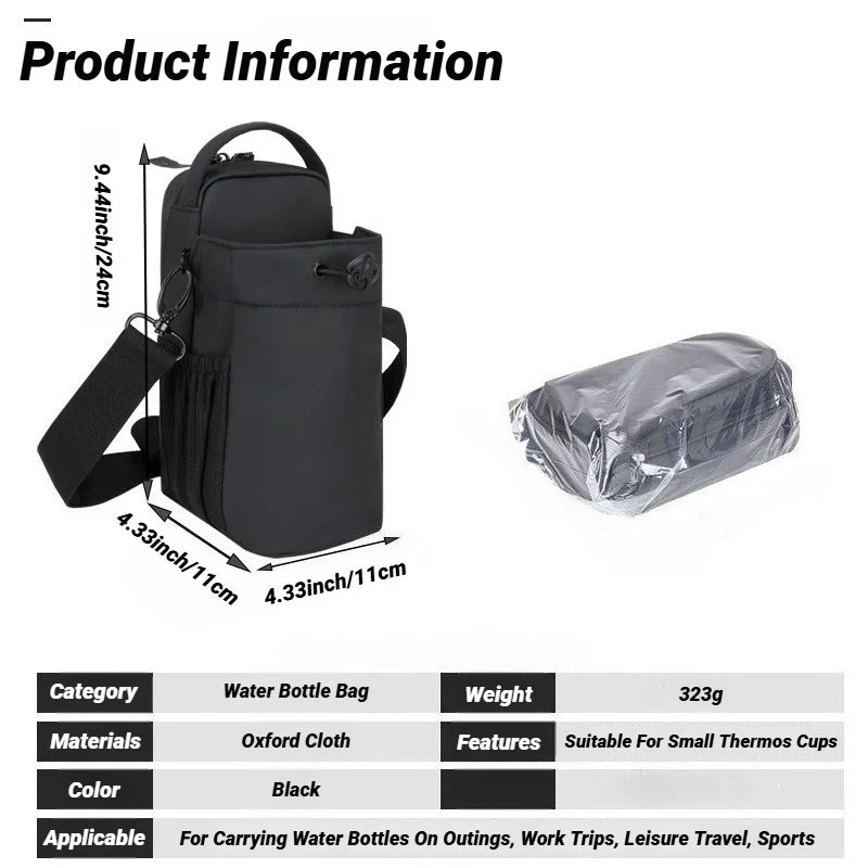 Black Oxford cloth water bottle bag with shoulder strap and dimensions shown in a product info graphic.